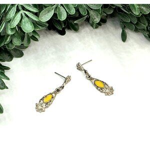 Vintage Style Silver Tone Drop Earrings With Yellow Enamel Accents Ornate Floral